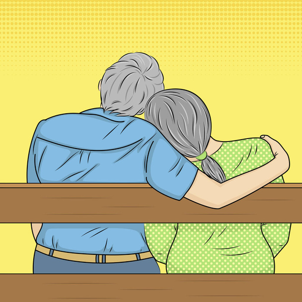 Pop art background. Grandfather and grandmother are sitting on a bench, a couple in love, Valentine Day. Vector - Vector, Image