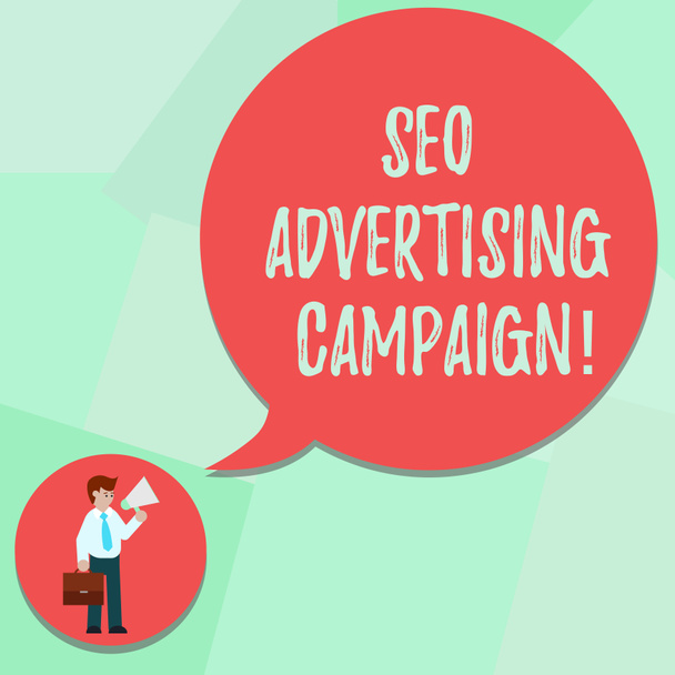 Conceptual hand writing showing Seo Advertising Campaign. Business photo text Promoting a site to increase the number of backlink Man in Necktie Carrying Briefcase Holding Megaphone Speech Bubble. - Photo, Image