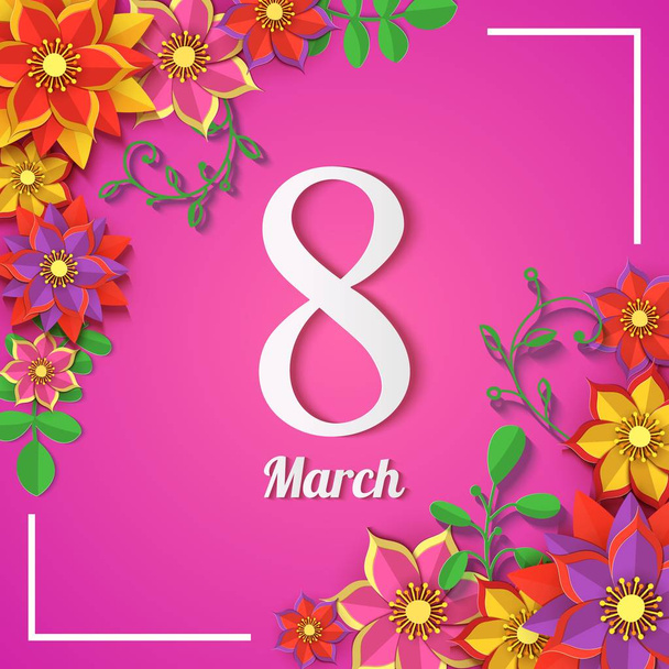 Kwiatowy 8 marca kartkę z życzeniami. Szczęśliwego dnia kobiet. Papier rama wakacje kwiatów ciętych na różowym tle z z ośmiu rysunek. Ilustracja wektorowa. Origami modny projekt szablon. Szczęśliwy dzień matki - Wektor, obraz