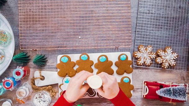 Step by step. Flat lay. Decorating gingerbread cookies with royal icing. - Photo, Image