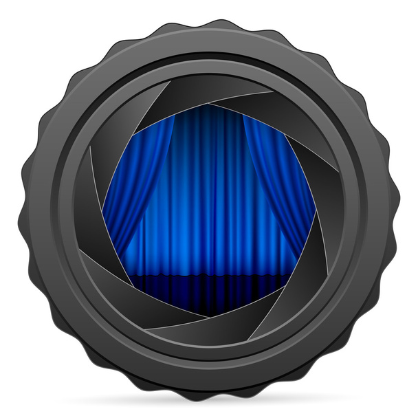 camera shutter with blue curtain - Vetor, Imagem
