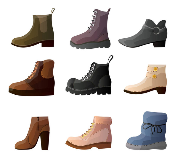 Set of collection of modern stylish casual shoes of different shapes. - Vector, imagen