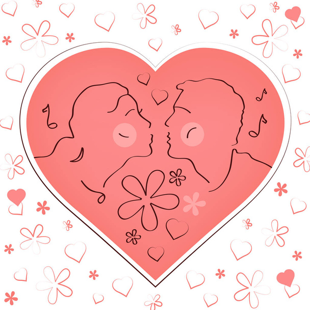 Happy Valentine's Day greeting card. Couple faces, love, sex, two people in heart silhouette. Vector illustration. - Vektör, Görsel
