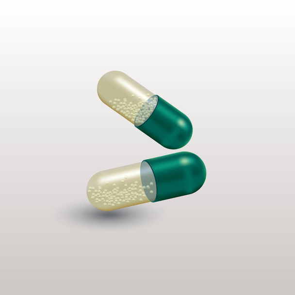 Realistinen 3D-pillereitä. Apteekki, antibiootti, vitamiinit, tabletti, kapseli. Lääkettä. Tablettien ja huumeiden vektorikuvaus
. - Vektori, kuva