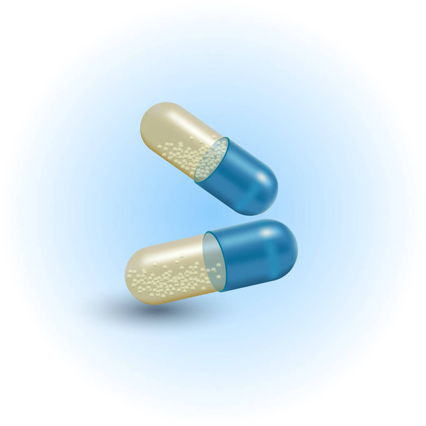 Realistinen 3D-pillereitä. Apteekki, antibiootti, vitamiinit, tabletti, kapseli. Lääkettä. Tablettien ja huumeiden vektorikuvaus
. - Vektori, kuva