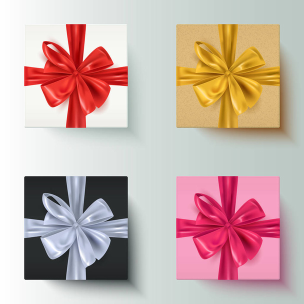 Aantal realistische geschenkdozen met decoratieve bogen in diverse kleuren, vectorillustratie - Vector, afbeelding