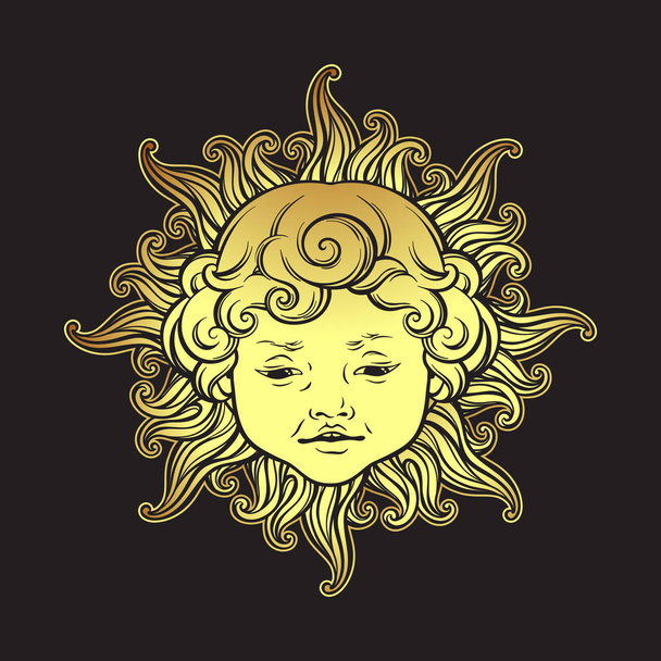 Золотое солнце с лицом симпатичного кудрявого улыбающегося мальчика. Ручная наклейка, тканевая печать или векторная иллюстрация дизайна татуировки boho flash
. - Вектор,изображение