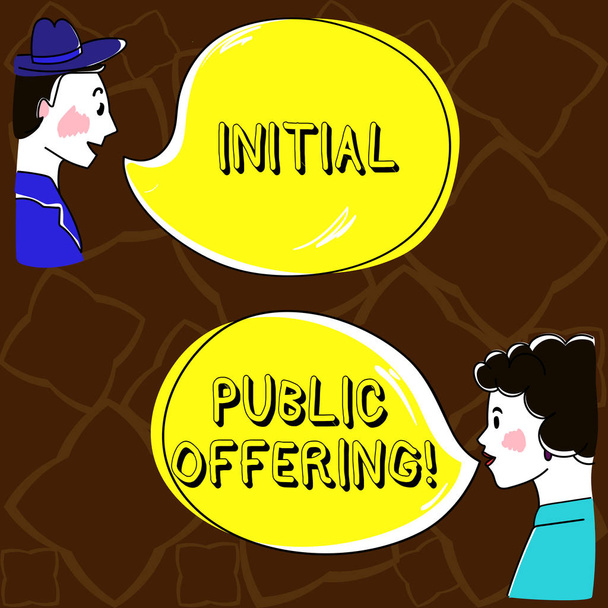 Word writing text Initial Public Offering. Business concept for offering its stock to the public for the first time Hand Drawn Man and Wo analysis Talking photo with Blank Color Speech Bubble - Photo, Image