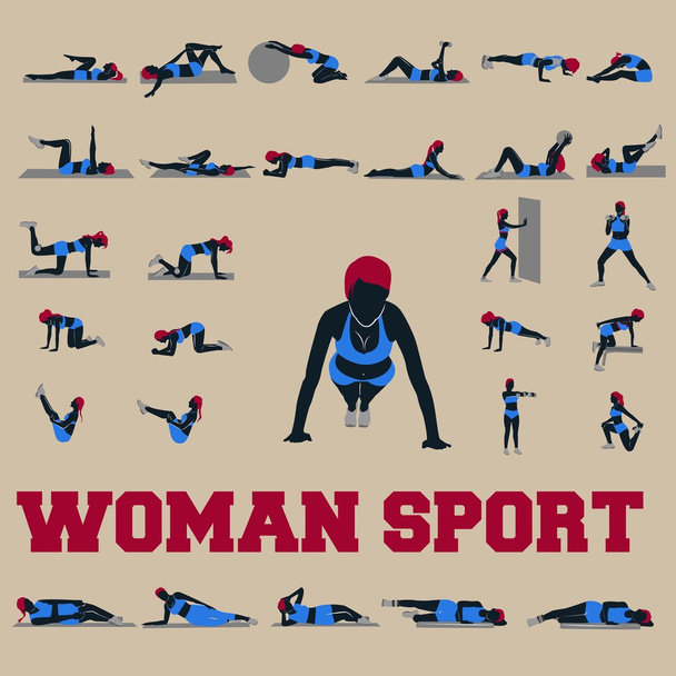 30 woman sport style complete collection of fitness style slim and sexy body - Vector, Image