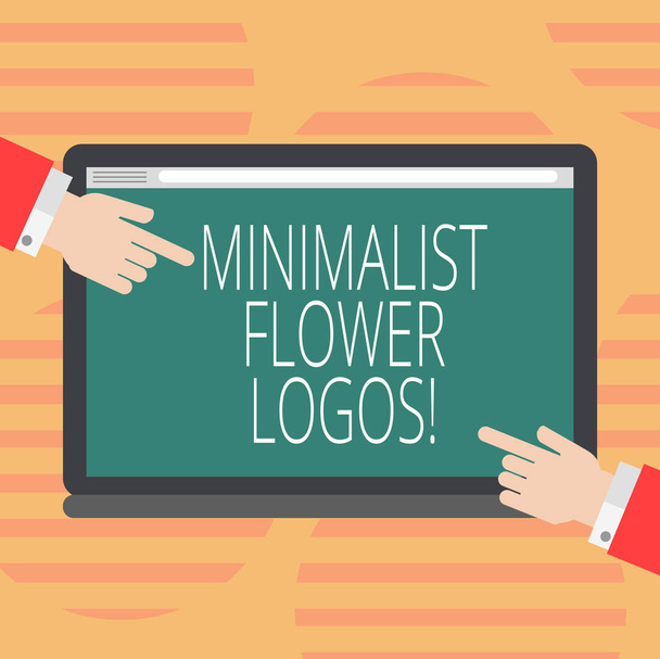 Woord schrijven tekst Minimalist bloem logo's. Businessconcept voor gebruik minimalisme in logo-ontwerp om merk moderne Hu analyse handen van beide kanten wijzen op een lege kleurenscherm voor Tablet. - Foto, afbeelding