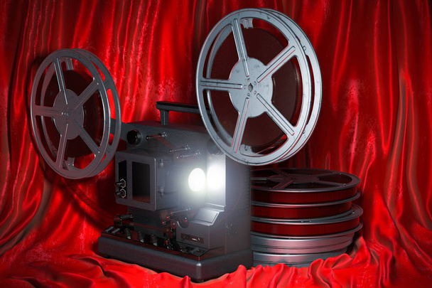 Kino-Konzept. Kinoprojektor mit Filmrollen auf rotem Stoff, 3D-Rendering - Foto, Bild