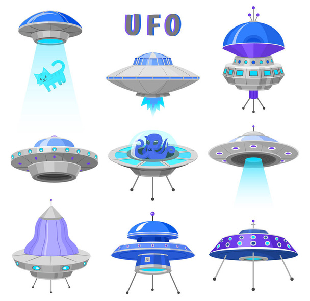 Alien spaceships, set of UFO unidentified flying object, Fantastic rockets, Cosmic spacecrafts in universe space. vector Illustration on white background. GUI elements. Flat game, Cartoon style. - Vector, Image
