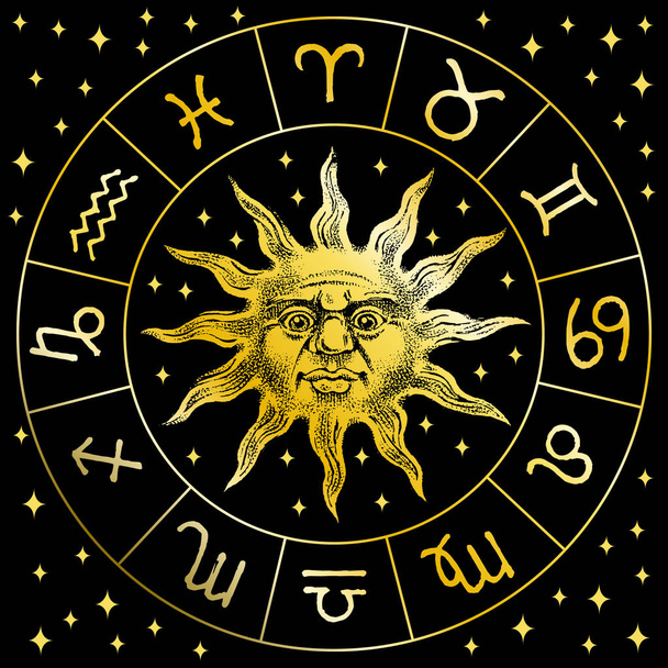 Dierenriem zon pictogram. Astrologie Horoscoop met tekenen. Teken met een gezicht voor kalendersjabloon. Bohemien klassieke vintage stijl. Gegraveerde hand getrokken doodle schets. - Vector, afbeelding