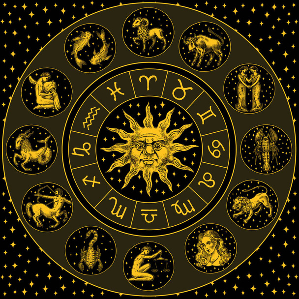 Колесо Зодиака. Гороскоп астрологии с кругом, солнцем и знаками. Шаблон календаря на черном фоне. Коллекция набросков животных. Плакат или баннер, этикетка или наклейка. Выгравированный вручную винтажный рисунок
. - Вектор,изображение