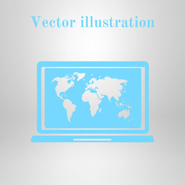 Laptop and world map illustration. World map geography symbol.  Flat design style. Vector EPS 10. - Vector, Image