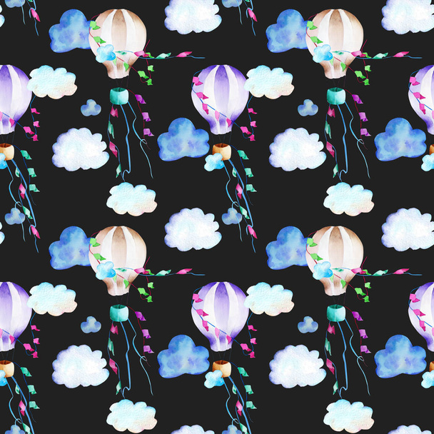 Watercolor festive hot air balloons in the sky seamless pattern - Foto, Imagem
