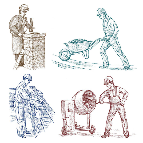 Set of Builders Technicians or Cement Engineers and Bricklayer in a helmet makes repairs. Construction worker man in vintage style. Engraved character. - Vector, Image