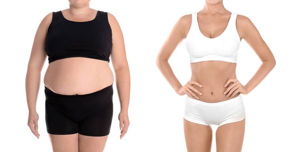 Young woman before and after weight loss on white background, closeup - Photo, image