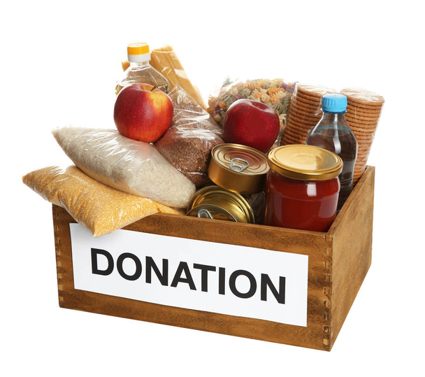 Donation box full of different products on white background - Foto, immagini