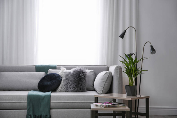 Modern living room interior with comfortable sofa. Space for text - Fotografie, Obrázek