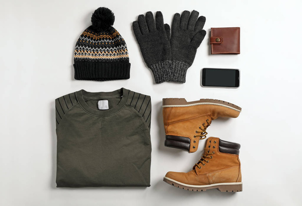 Flat lay composition with male winter clothes on white background - Zdjęcie, obraz