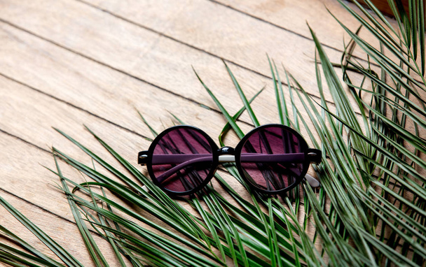 Sunglasses and palm tree branch - Foto, imagen