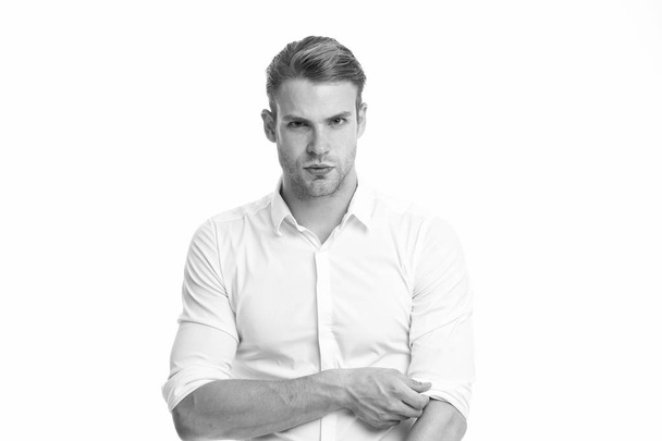 Man well groomed unbuttoned white collar elegant shirt isolated white background. Macho confident ready work office. Guy office worker handsome attractive. Working dress code. White collar worker - Photo, image