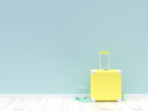 Concepto de idea mínima. maleta de color amarillo en un piso de madera, 3d render
. - Foto, imagen