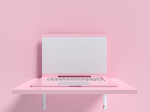 Minimalkonzept. Laptop-Attrappe auf Regal hölzerne rosa Pastellfarbe auf Betonwandhintergrund. 3D-Darstellung. - Foto, Bild