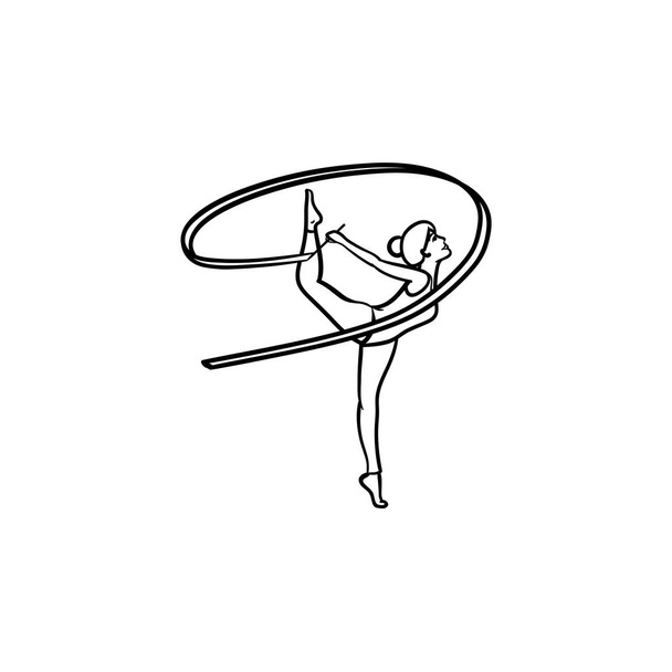 Молода гімнастка зі стрічкою намальована контурна ікона каракулі
. - Вектор, зображення