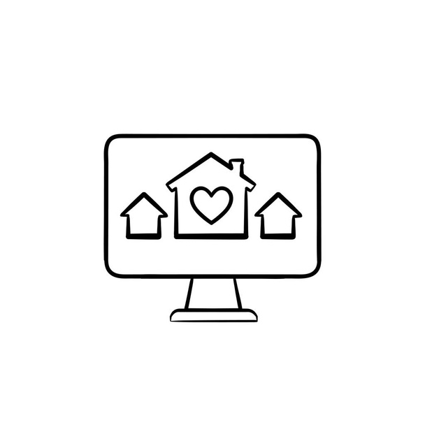 Computer monitor with houses and house with heart hand drawn outline doodle icon. - Vettoriali, immagini