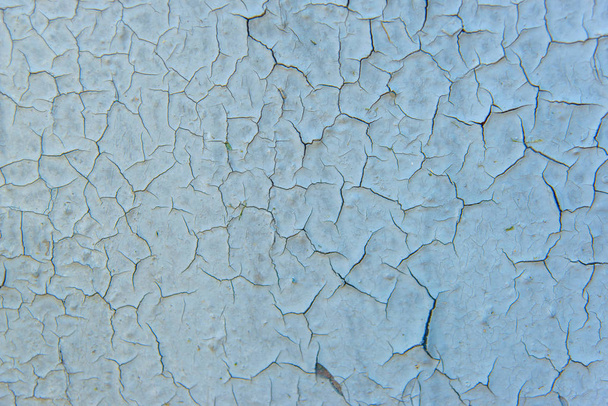 The texture of cracked paint. The wall is blue. Crust dry paint. Painted wall. Old paint. Cracked surface. - Photo, Image