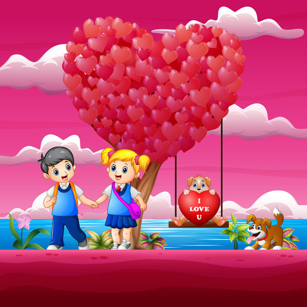 Escola feliz casal amor em um jardim rosa
 - Vetor, Imagem