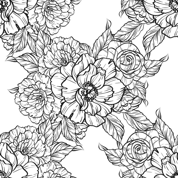 Seamless vintage style flower pattern. Floral elements in black and white. - Vetor, Imagem