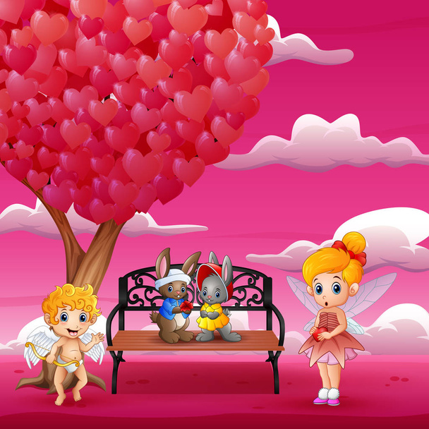 Cupid and a couple rabbit in the romantic garden - Vector, Image