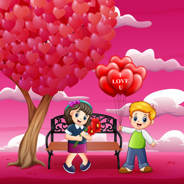 Boys giving girls red a heart shaped air balloons and flower on the romantic garden - Вектор,изображение