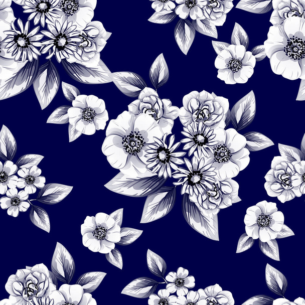Seamless vintage style monochrome colored flower pattern. Floral elements. - Vettoriali, immagini