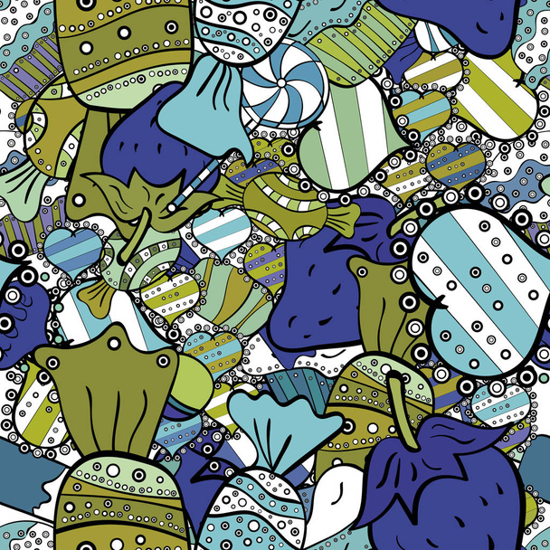 Vector illustration. Seamless pattern with sweet Cupcakes pattern. Nice birthday background on blue, white and black. Sweets background design. - Vector, Image