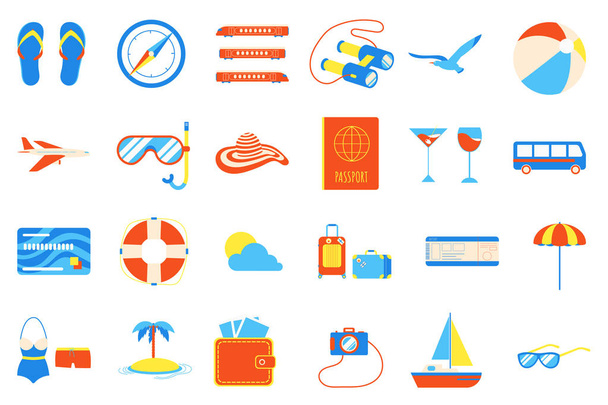 Holiday vacation beach elements flat style design set. Island, sunglasses, swimsuit, trunks, beach hat, umbrella, etc.  signs icons - symbols of season exotic vacations isolated on white background - Vector, Image