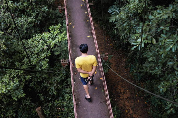 Uomo che cammina sulla passerella a baldacchino nel giardino botanico (Thung khai)
 - Foto, immagini