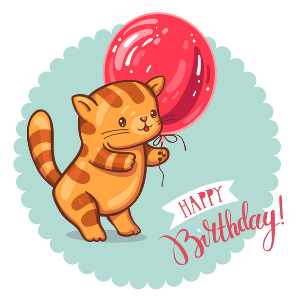 Cartão de felicitações "Feliz Aniversário" com desenho animado gato e balão. Ilustração vetorial
 - Vetor, Imagem
