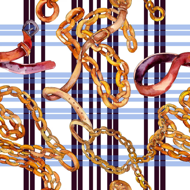 Golden chain and leather belt sketch glamour illustration. Watercolor illustration set. Seamless background pattern. - Photo, image