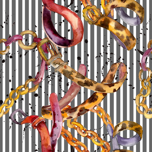 Golden chain and leather belt sketch glamour illustration. Watercolor illustration set. Seamless background pattern. - Photo, Image