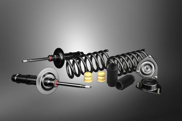 3D rendering. Passenger car Shock Absorber with dust cap, buffer mounting and strut mounting - Photo, Image