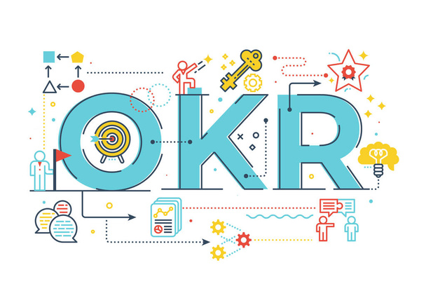 OKR (Objetivos e principais resultados) ilustração de letras de palavras com ícones para banner web, folheto, landing page, apresentação, capa de livro, artigo, etc.
. - Vetor, Imagem