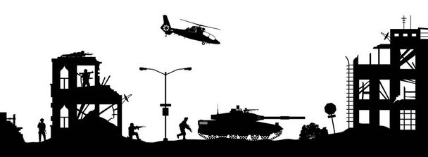 Musta armeijan siluetteja valkoisella taustalla. Sotilaiden hyökkäystalo terroristien kanssa. Taistelukohtaus rikkinäisessä kaupungissa. Sotapanoraama
 - Vektori, kuva