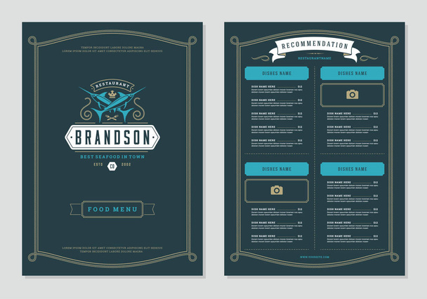 Design del menu del ristorante di pesce e logo modello di brochure vettoriale. Silhouette di pesce
. - Vettoriali, immagini