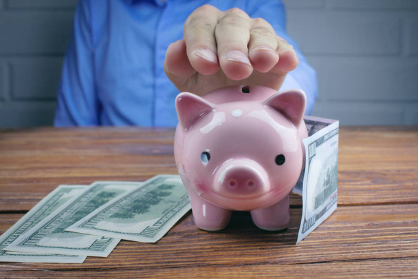 Pink piggy bank and money  - Fotoğraf, Görsel