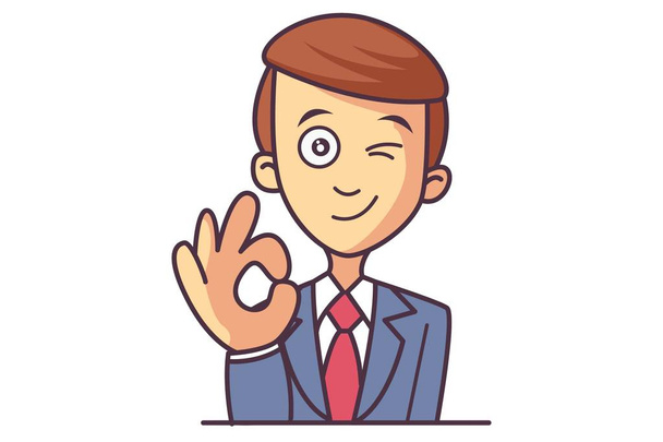 Vector cartoon illustration of cute businessman boy winking eye and showing ok sign. Изолированный на белом фоне
. - Вектор,изображение
