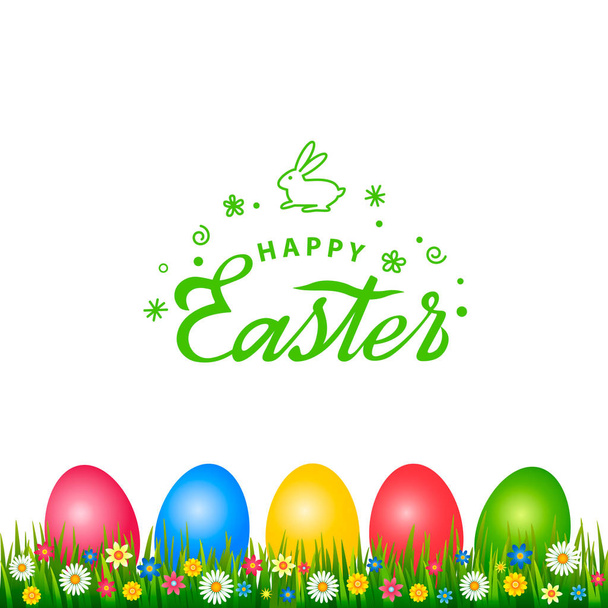 Bright greeting card with handwritten inscription Happy Easter and the Easter Bunny logo. Retro lettering. A set of Easter eggs with different ornaments - Vector, Image